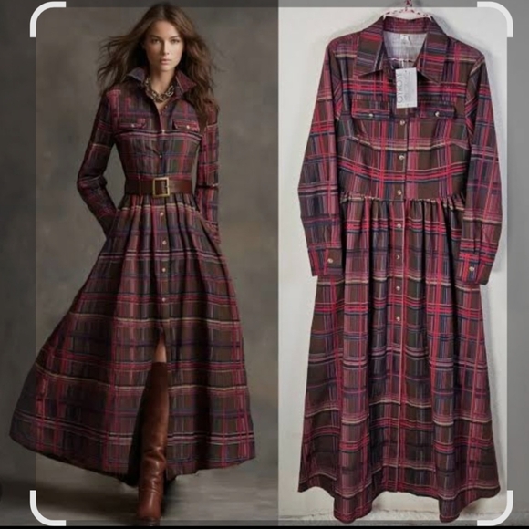Oyrosy Dresses & Skirts - Oyrosy New with Tags Dress Size M Maxi Plaid Belt Fall Winter Shirt dress Sz S